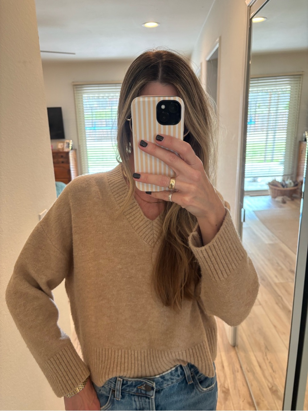 Zara V-Neck Knit Sweater in Beige